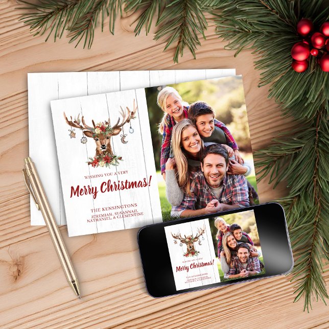 Cartão De Festividades Foto de Férias de Feriado de Cervejas de Natal Rús (Cute Rustic Christmas Deer Ornaments Holiday Photo Cards)