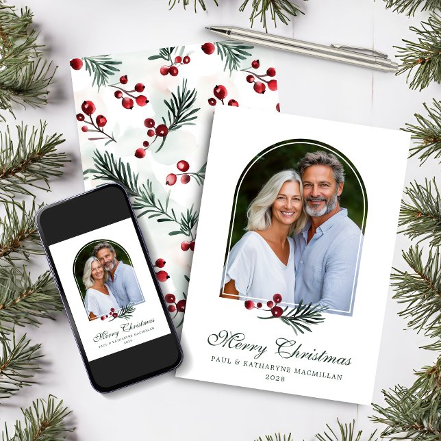 Cartão De Festividades Foto de Férias de Férias do inverno em Arch Elegan (Elegant Arch Winter Greenery Holiday Photo Card)
