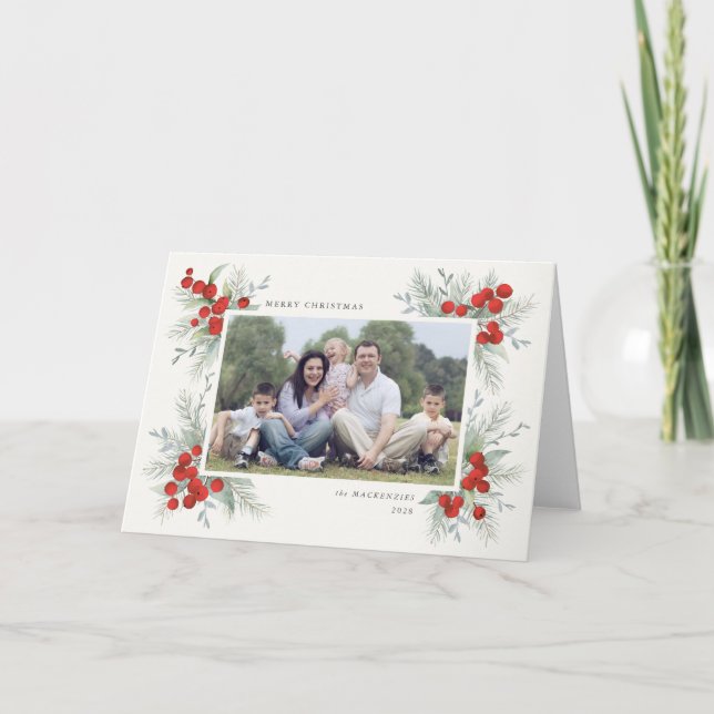 Cartão De Festividades Foto de Férias de Natal com Frutas Vermelhas Pinta (Frente)