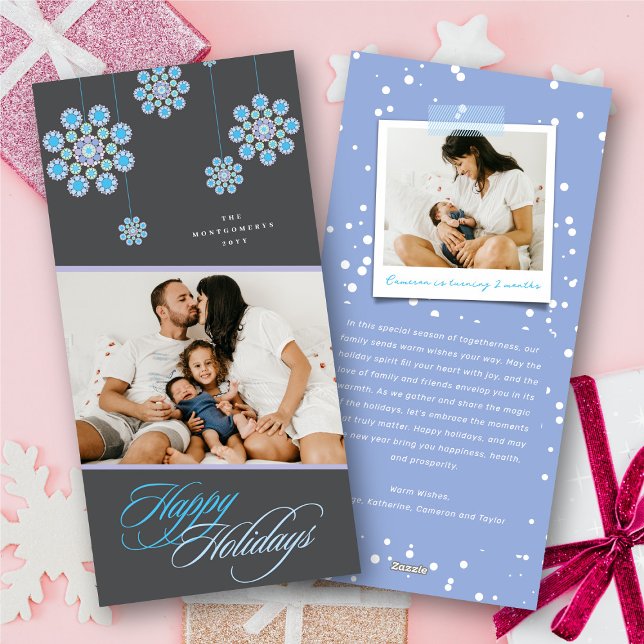 Cartão De Festividades Foto de Férias Felizes de Chic Ornamental Blue (Blue Ornamental Elegant Dotted Flowers Happy Holidays Photo Holiday Card @ fat_fa_tin)