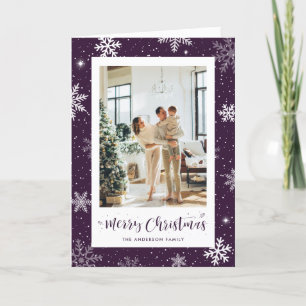 Cartão De Festividades Foto de Floco de Neve Roxo Moderno Feliz Natal
