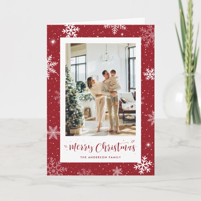 Cartão De Festividades Foto de Floco de Neve Vermelho Moderno Feliz Natal (Frente)