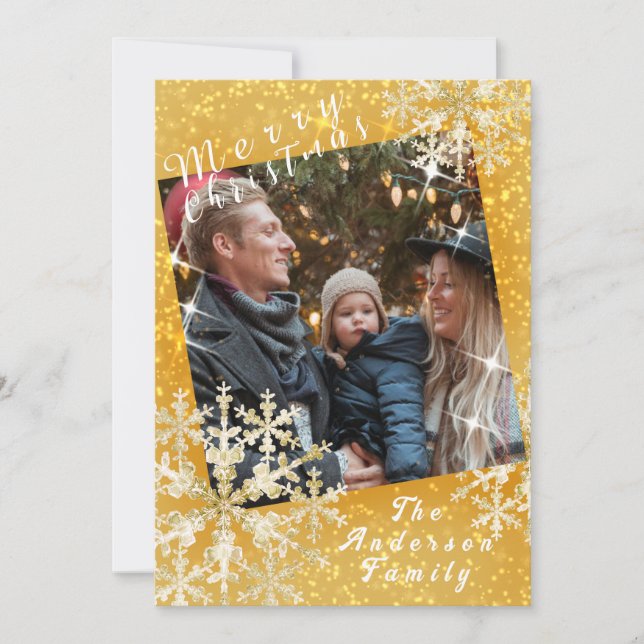 Cartão De Festividades Foto de Flocos de Neve Dourada (Frente)