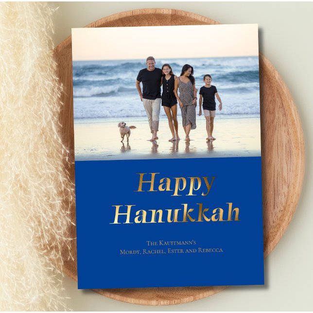 Cartão De Festividades Foto de Folha Azul de Chanucá Feliz (Hanukkah Holiday Card Photo Blue Gold Foil Personalized, Printed or Digital)