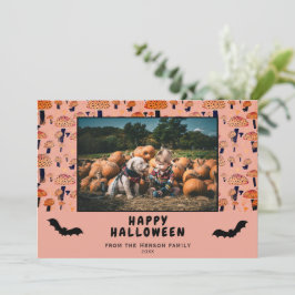 Cartão De Festividades Foto de Halloween de Cogumelo Laranja e Morcego Pr
