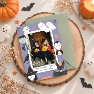 Cartão De Festividades Foto de Halloween de Personagens Assustadores Roxo
