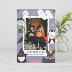 Cartão De Festividades Foto de Halloween de Personagens Assustadores Roxo