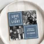 Cartão De Festividades Foto de Hanukkah Moderno e Leve<br><div class="desc">Mostre suas fotos quadradas neste simples e moderno cartão com fotos Chanucá. Design apresenta um layout quadrado com fundo azul e "Love and Light" em caracteres modernos de blocos brancos. Use os dois campos de texto personalizáveis para adicionar uma saudação personalizada e seu nome de família. Fotografia © Storytree Studios,...</div>