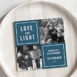 Cartão De Festividades Foto de Hanukkah Moderno e Leve<br><div class="desc">Mostre suas fotos quadradas neste simples e moderno cartão com fotos Chanucá. Design apresenta um layout quadrado com fundo azul e "Love and Light" em caracteres modernos de blocos brancos. Use os dois campos de texto personalizáveis para adicionar uma saudação personalizada e seu nome de família. Fotografia © Storytree Studios,...</div>