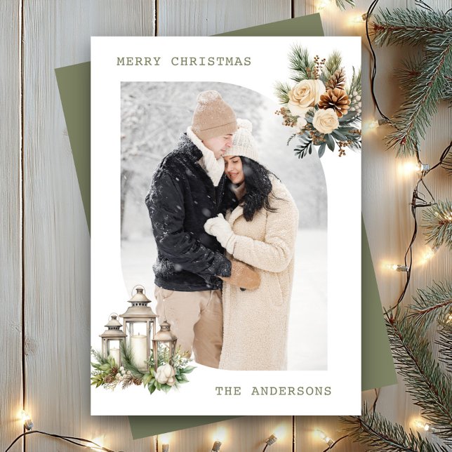 Cartão De Festividades Foto de Lanterna Floral de inverno Feliz Natal (Criador carregado)
