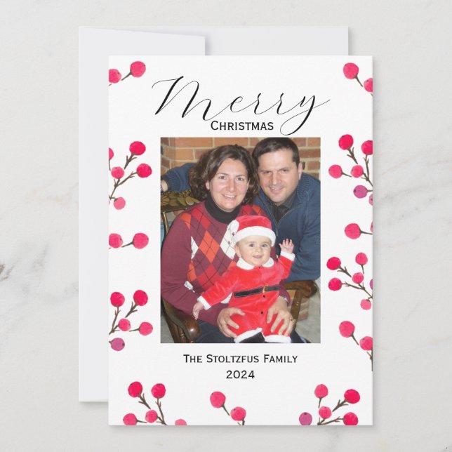 Cartão De Festividades Foto de Natal 1 Berries de Aquarelas Pintadas (Frente)