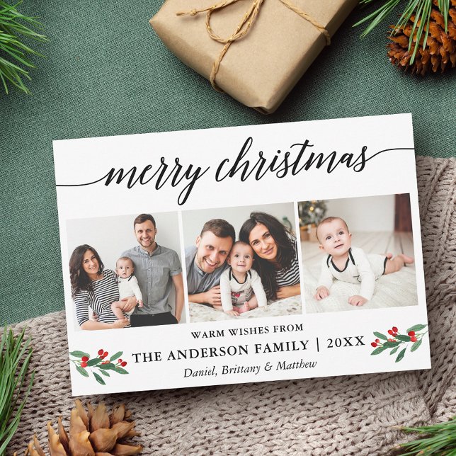 Cartão De Festividades Foto de Natal 3 para Holly Feliz, Caligrafia Moder (Customize to add text to back of card.)