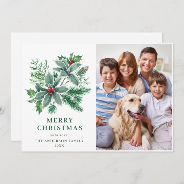 Cartão De Festividades Foto de Natal Agradecimento Festivo Azevinho Baga (Frente/Verso)