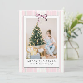 Cartão De Festividades Foto de Natal Alegre com Laço Rosa Fofo e Sedutor