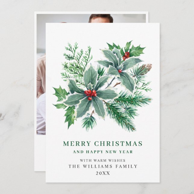 Cartão De Festividades Foto de Natal Azevinho Festivo Saudação de Natal (Frente/Verso)