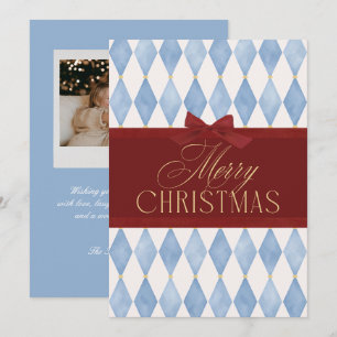 Cartão De Festividades Foto de Natal Azul com Laço Vermelho Vintage Elega