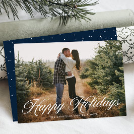 Cartão De Festividades Foto de Natal Azul-Marinho com Caligrafia Elegante