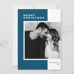 Cartão De Festividades Foto de Natal Azul Minimalista com Bloco de Cor