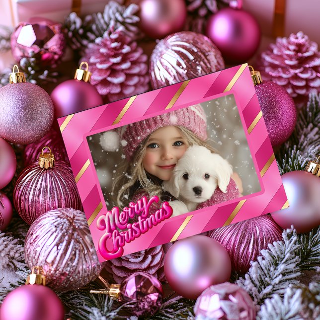 Cartão De Festividades Foto de Natal Berry Pink e Blush Brilliance (Brilliant Pink Blush and Gold Merry Christmas Photo Greeting Card )