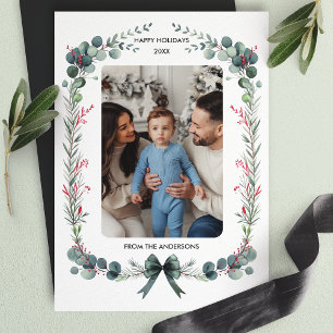 Cartão De Festividades Foto de Natal Botânica em Aquarela com Laço Verde