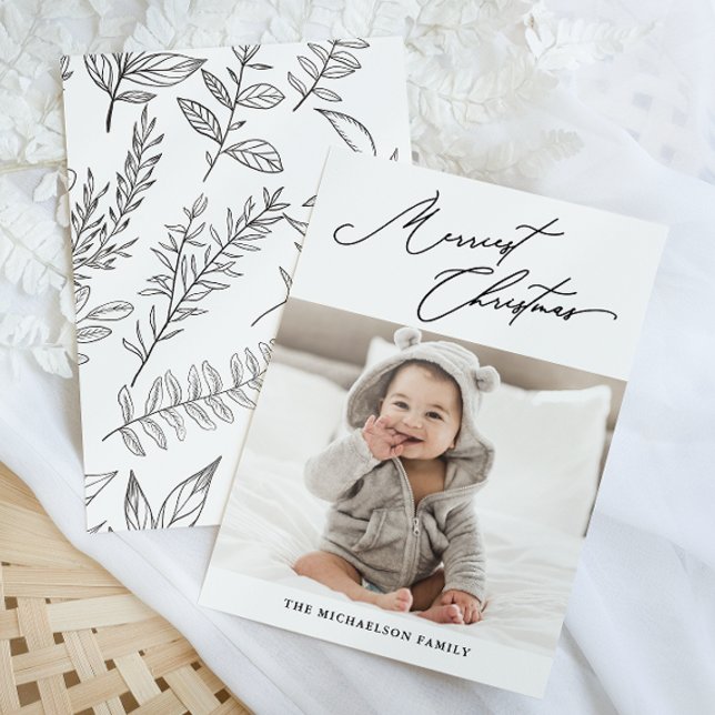 Cartão De Festividades Foto de Natal Botânica Preta e Branca Mais Feliz (Criador carregado)