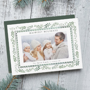 Cartão De Festividades Foto de Natal Botânica Verde Elegante