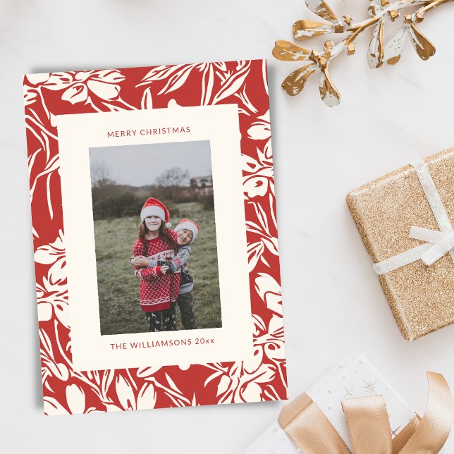 Cartão De Festividades Foto de Natal Botânico Chic Red Floral Elegante (Criador carregado)