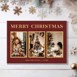 Cartão De Festividades Foto de Natal Clássico Minimalista Vermelho Três<br><div class="desc">Este clássico de natal minimalista vermelho três cartões de feriado fotográfico apresenta um design moderno e minimalista que é elegante e simples. Quer você prefira uma aparência clássica e tradicional ou um estilo mais contemporâneo, com tipografia de ouro em fundo vermelho, você encontrará a carta perfeita para celebrar a temporada....</div>