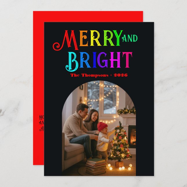 Cartão De Festividades Foto de Natal Colorida Alegre & Brilhante (Frente/Verso)