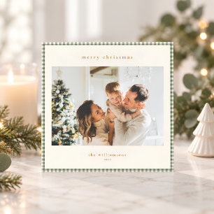 Cartão De Festividades Foto de Natal com Borda Xadrez Verde Sage