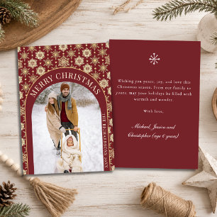 Cartão De Festividades Foto de Natal com Floco de Neve Burgundy & Dourado