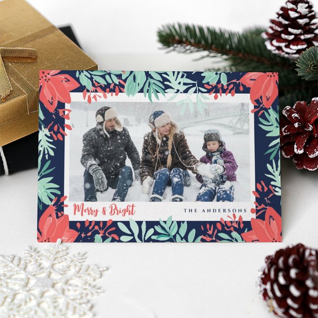 Cartão De Festividades Foto de Natal com Flora Vermelha Botânica e Verdur (Criador carregado)