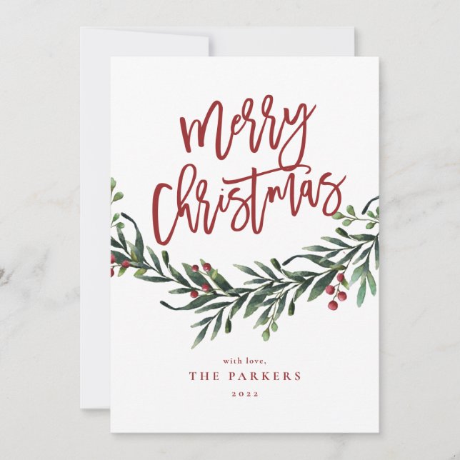 Cartão De Festividades Foto de Natal com Folhagens e Letra de Script (Frente)