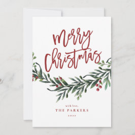 Cartão De Festividades Foto de Natal com Folhagens e Letra de Script