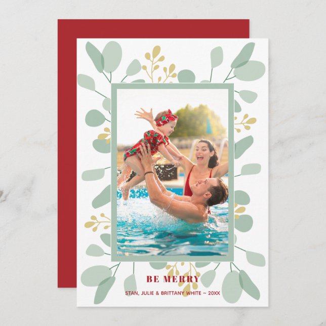 Cartão De Festividades Foto de Natal com Frutas Vermelhas e Eucalipto (Frente/Verso)