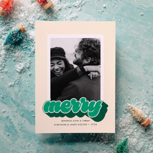 Cartão De Festividades Foto de Natal com Letra Retro Verde Alegre