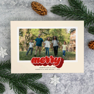 Cartão De Festividades Foto de Natal com Letra Vermelha Merry Red Retro S