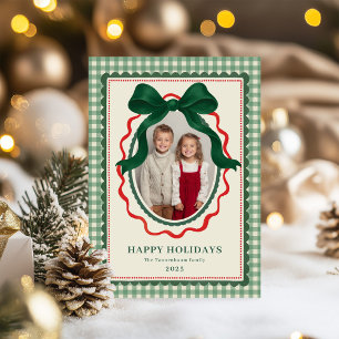 Cartão De Festividades Foto de Natal com Listra Verde e Laço Vintage
