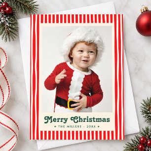 Cartão De Festividades Foto de Natal com Listras de Hortelã Retrô