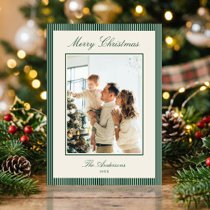 Cartão De Festividades Foto de Natal com Listras Verdes Elegantes