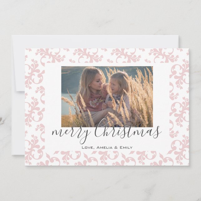 Cartão De Festividades Foto de Natal com Script Alegre Rococó Rosa Branco (Frente)