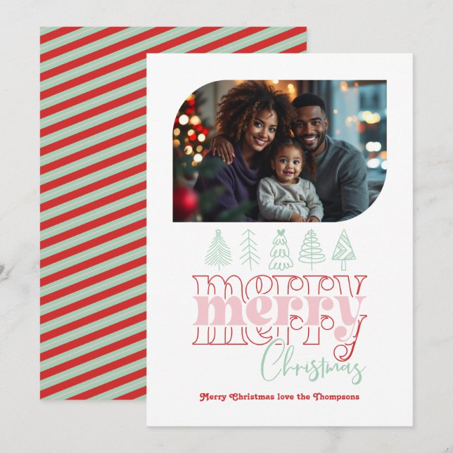 Cartão De Festividades Foto de Natal com Tema Retrô Moderno de Peppermint (Frente/Verso)