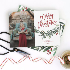 Cartão De Festividades Foto de Natal com Vegetação e Letreiro Moderno
