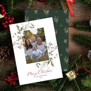 Cartão De Festividades Foto de Natal com Vegetação em Aquarela Elegante
