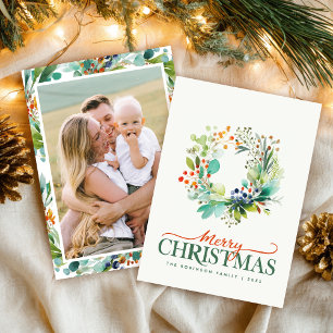 Cartão De Festividades Foto de Natal com Verde Folhagem em Aquarela
