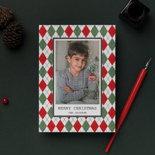 Cartão De Festividades Foto de Natal com Xadrez Argyle Vermelho e Verde