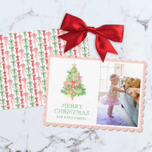 Cartão De Festividades Foto de Natal Coquette Arco Rosa Verde Aquarela