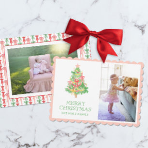 Cartão De Festividades Foto de Natal Coquette Arco Rosa Verde Aquarela
