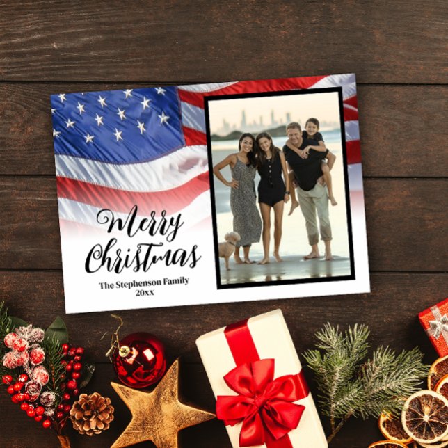 Cartão De Festividades Foto de Natal da bandeira Americana de Ondas Patri (patriotic american flag merry christmas photo card)