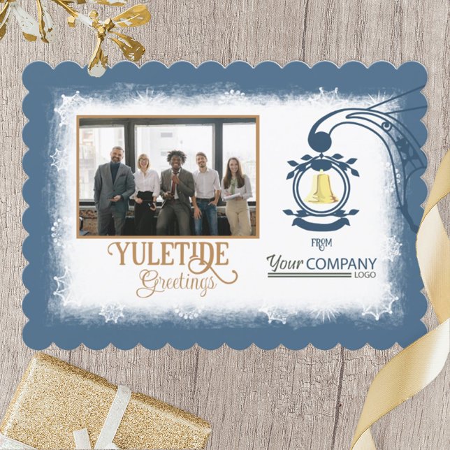 Cartão De Festividades Foto de Natal da Companhia Bell Azul, Branco e Dou (blue, beige, gold bell company logo Christmas holiday cards with company group photo)